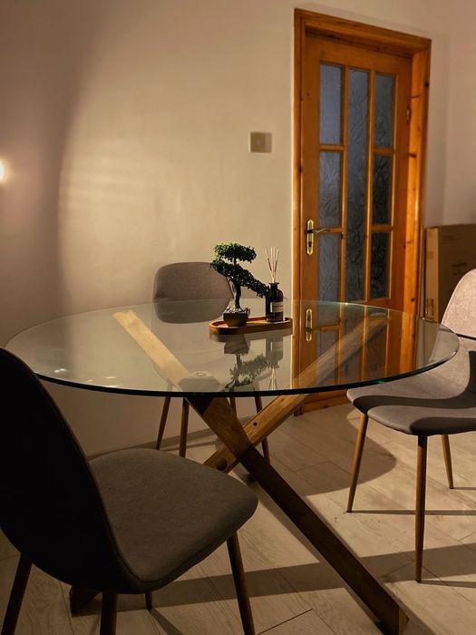 Masă rotundă din sticlă/stejar