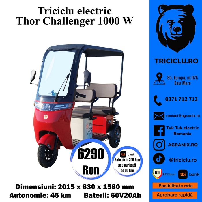 Triciclu electric cu motor puternic 1000W Thor Challenger Agramix