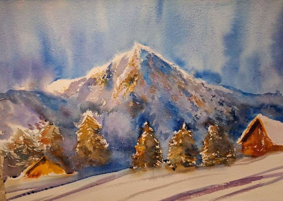 Зима в планината, картина акварел 35х50