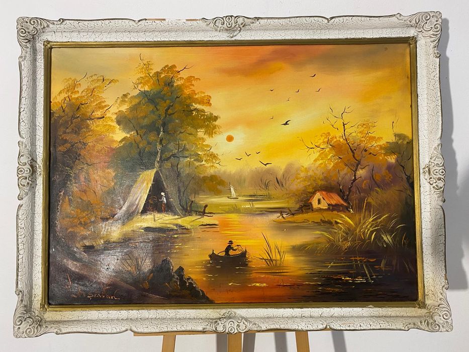 Tablou cu Ramă din Lemn 115x86 cm, Ulei pe Pânză; Peisaj Rustic Delta