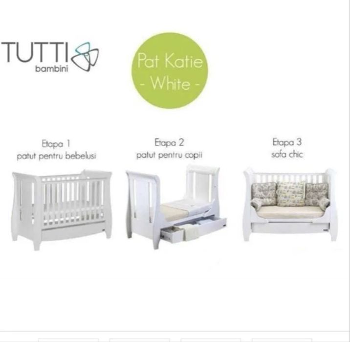Patut evolutiv lemn + saltea cocos + 2 lenjerii Ikea