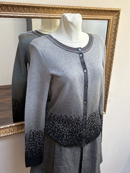 Marc Cain, premium, 100% lână super-fină, gri & negru, pulover (cardigan)