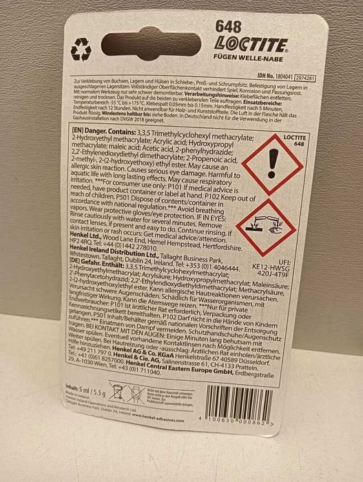 Лепило За Цилиндрично Лепене LOCTITE 648 Висока Якост Общо Приложение Henkel 5ml
