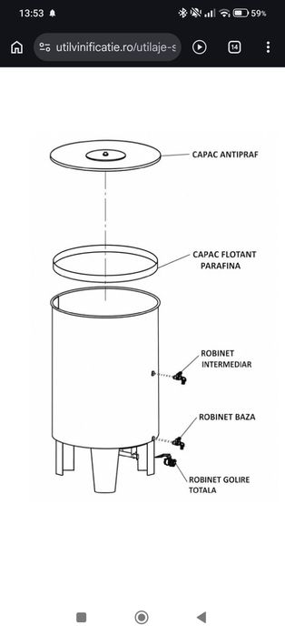 Vand Cisterna inox alimentar (18/10) 380 L pt fermentare/pastrare vin fund inclinat 3 robineti