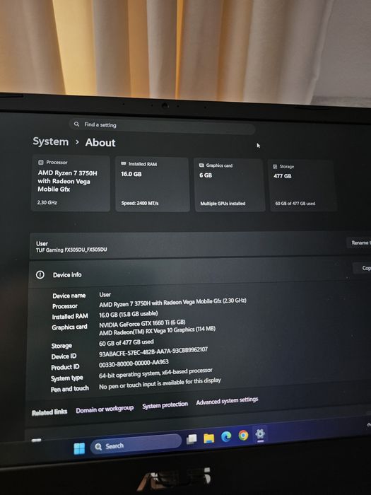 Asus TUF Gaming fx505du - Ryzen 7/ GTX 1660 Ti 6gb / 16gb ram / ssd 512gb / 120Hz