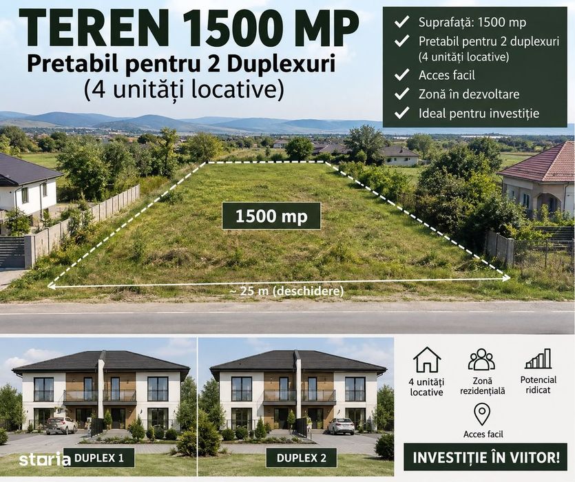 Teren 1.500 mp pentru dezvoltare rezidentiala Gruia 2 duplexuri 4 unit