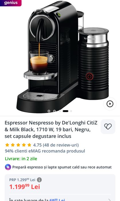 Espressor Nespresso by De'Longhi CitiZ & Milk Black, 1710 W, 19 bari