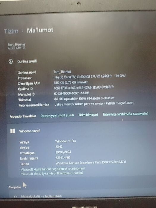 Noutbook qotmay ishlaydi, RAM 8GB, SSD 256GB,