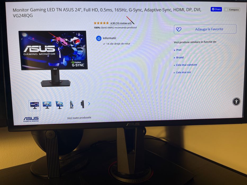 Monitor gaming 24 inch Asus Vg248, 165 hz , 0.5 ms