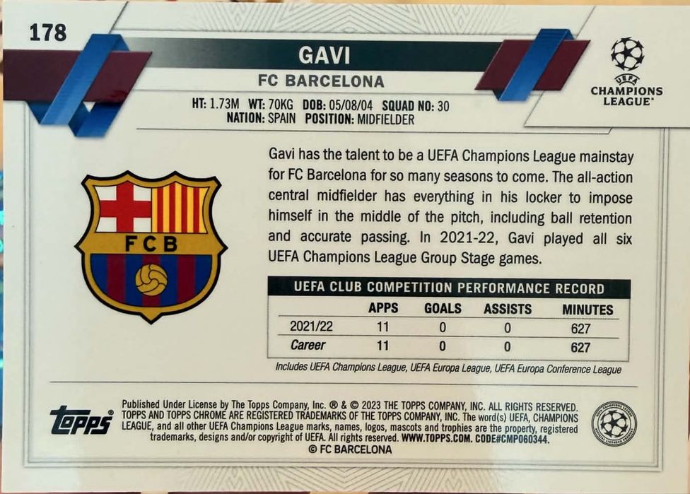 Gavi Aqua Blue Refractor – Topps Chrome (FC Barcelona)