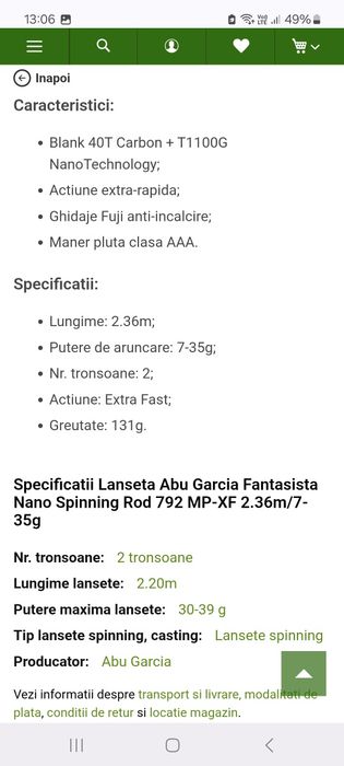 Lanseta Abu Garcia Fantasista Nano 2.36m/7-35g (shimano daiwa)