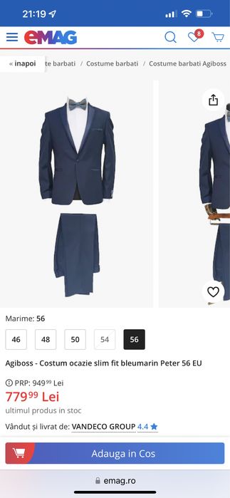 Costum Agiboss masura 58 + camasa si cravata Cavalliere/90-95 kg