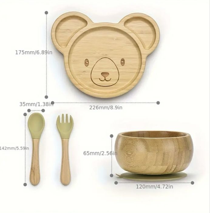 Детски бамбуков комплект за хранене с вакуумно дъно 4 части