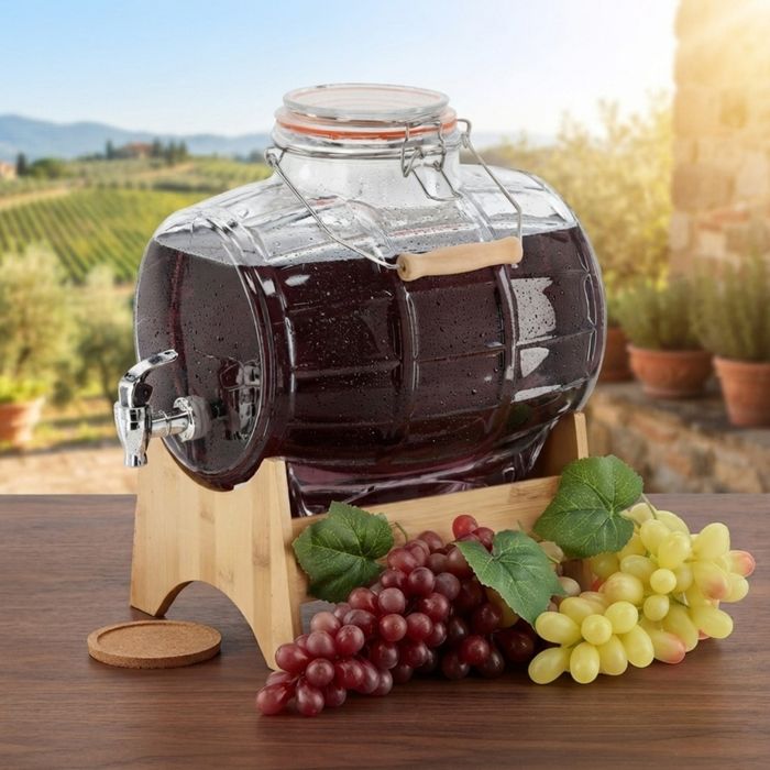 Стъклен диспенсър за напитки 8L, с кран и бамбукова поставка