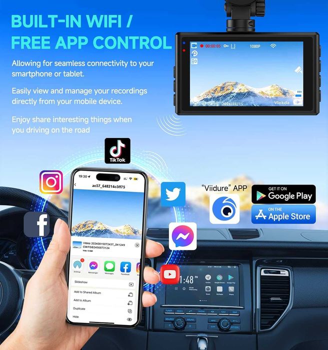Dash Cam отпред и отзад, 1080P WiFi/APP контрол, 32GВ, WDR, G-сензор