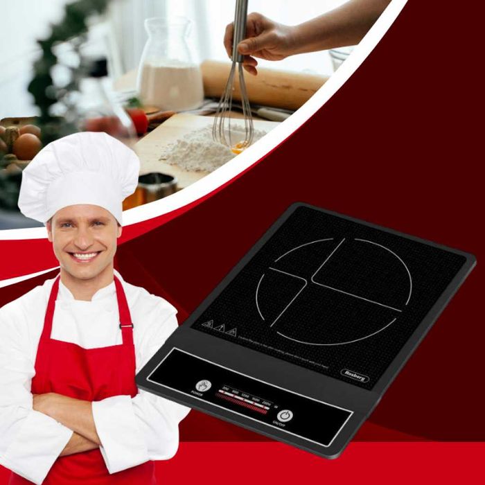 Индукционен котлон Rosberg, 2000W, Керамична плоча, 25x25 см, Черен