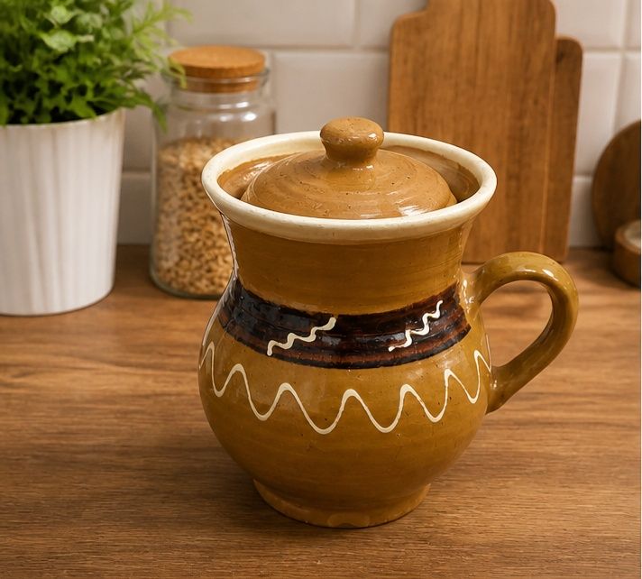 Cană ceramică pentru iaurt, cu capac – model tradițional