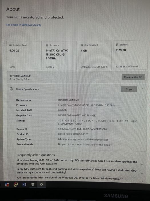 PC Desktop + Monitor Samsung, GTX 1050 Ti 4GB, SSD 512GB + HDD 2TB, 8GB RAM