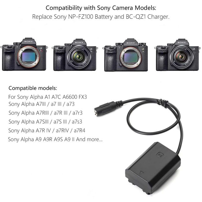 Alimentator priza NP-FZ100 Sony A7R5 A71II A7RIII A7S3 A7IV FX30 ZV-E1