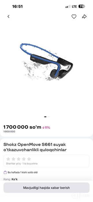 Shokz openmove s661 Suyak otqazuvchanlikli quloqchin