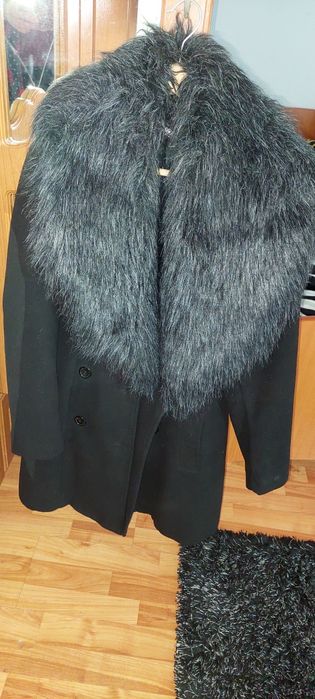 Vesta de blana lunga și palton cu blana artificiala Negru