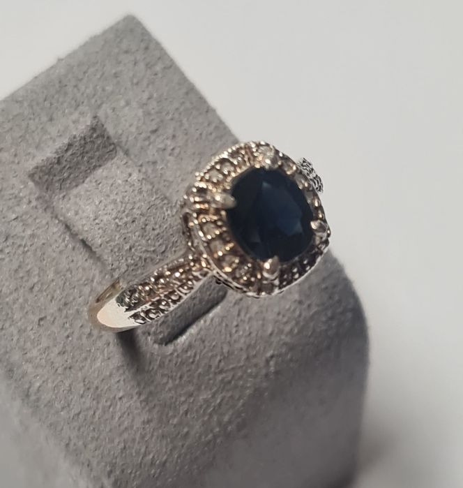Inel din aur galben de 14k si argint, cu safir natural si diamante