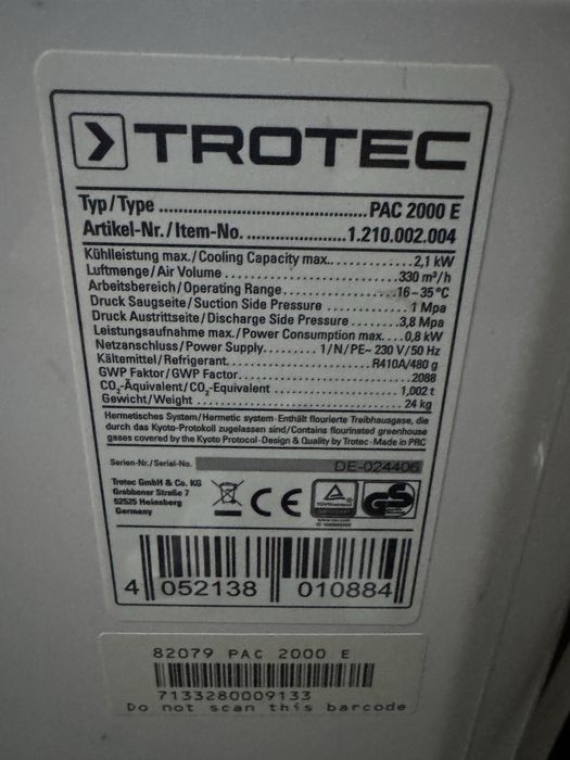 Trotec pac 2000 E aer conditionat portabil