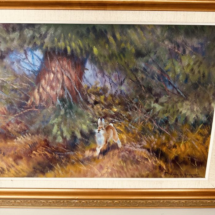 Голяма маслена картина с ловна тематика – заек в гора