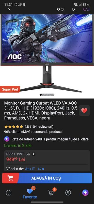 Monitor Gaming AOC C32G2ZE/BK – 31.5” Curved VA, 240Hz, Full HD