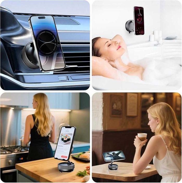 Магнитна стойка за телефон с вакуумно закрепване - 360 градуса