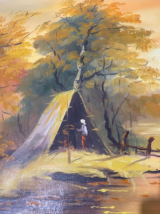 Tablou cu Ramă din Lemn 115x86 cm, Ulei pe Pânză; Peisaj Rustic Delta