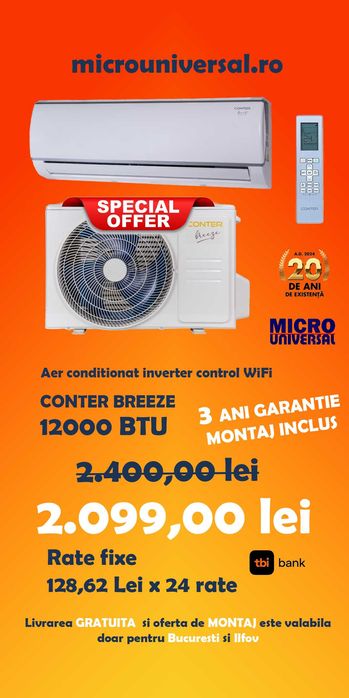 Aer conditionat 12000 BTU cu Cu montaj inclus Si kit inclus -WI-FI