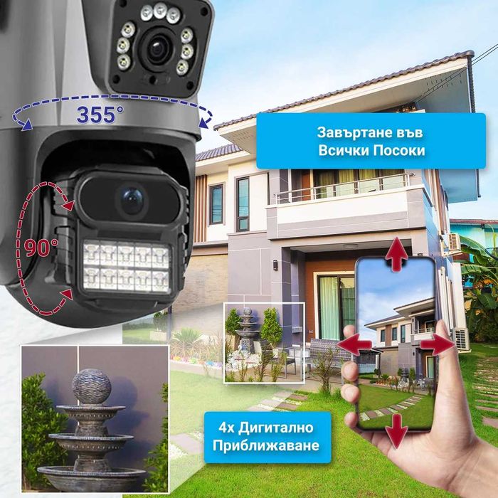 Двойна външна въртяща WiFi AI камера 8MP с два обектива, ICSee, Черна