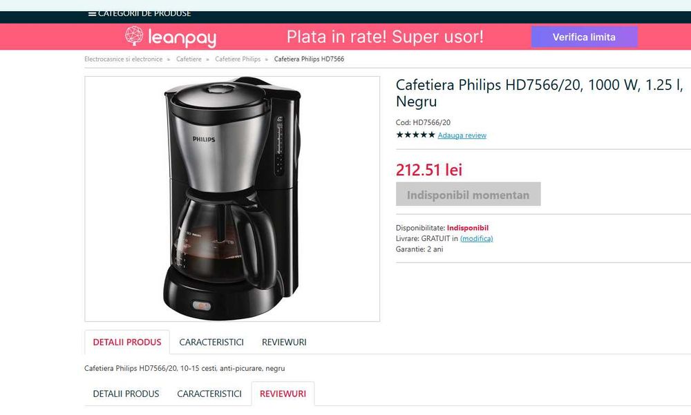 Cafetiera Philips HD7566/20 si doua cutii de filtre cadou