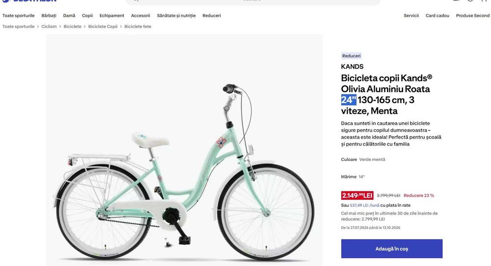 Bicicleta Kands - Dama - 3 viteze - Verde menta - Cos si far cu led