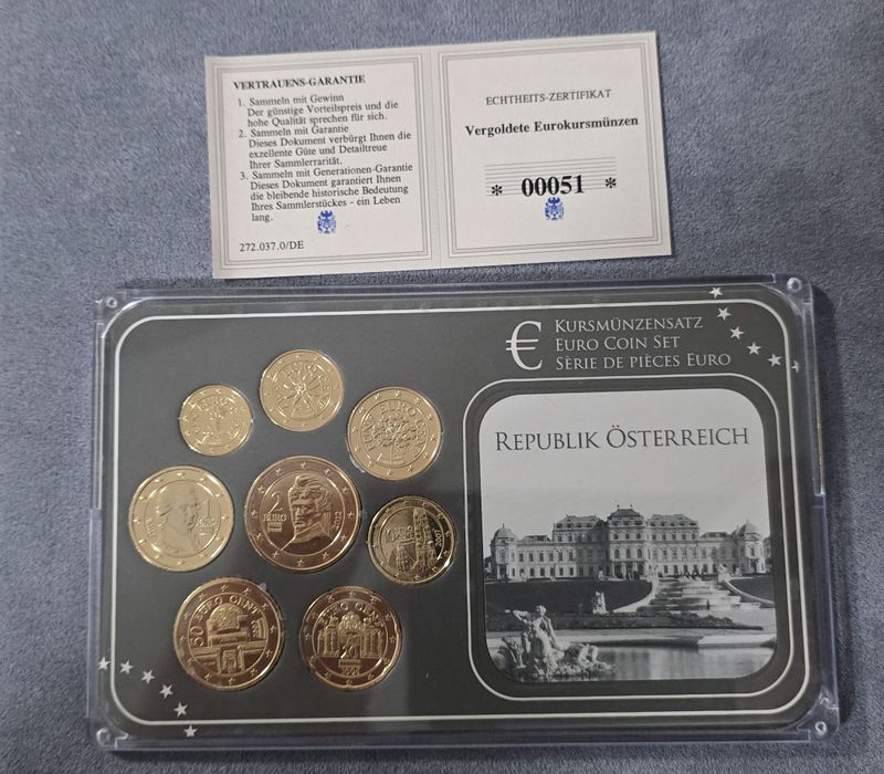 Лимитиран комплект позлатени евро монети Австрия (24 Карата, KMS)