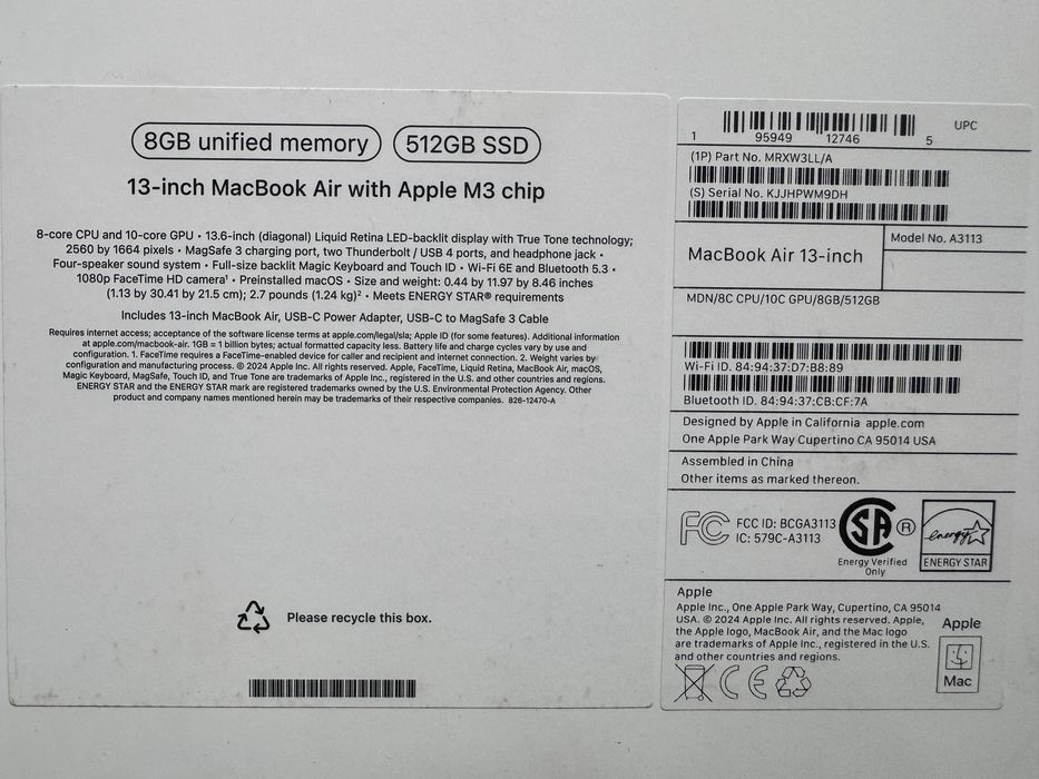 MacBook Air 13 (2024) Apple M3/8GB/SSD512GB/Цикл 88