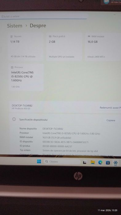 Laptop HP probook i5 Gen 8 16gb RAM ssd 256 hard 1 TB arată țiplă