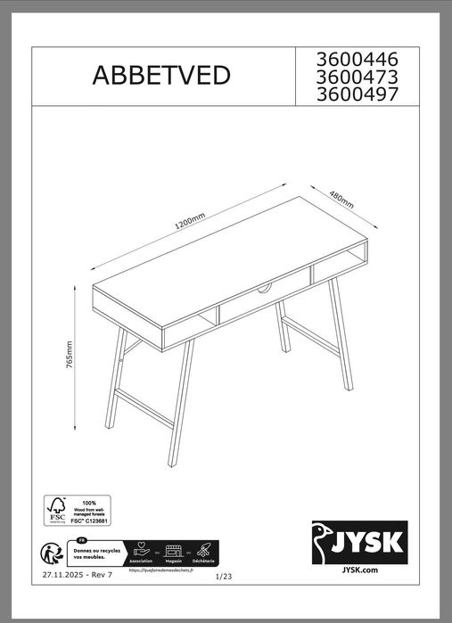 JYSK Бюро ABBETVED д120xш48 см цвят светъл дъб/бяло | Desk