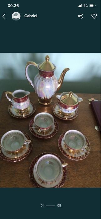 Set  de cafea/ceai  din portelan fin de bavaria cu foita de aur/70 ani