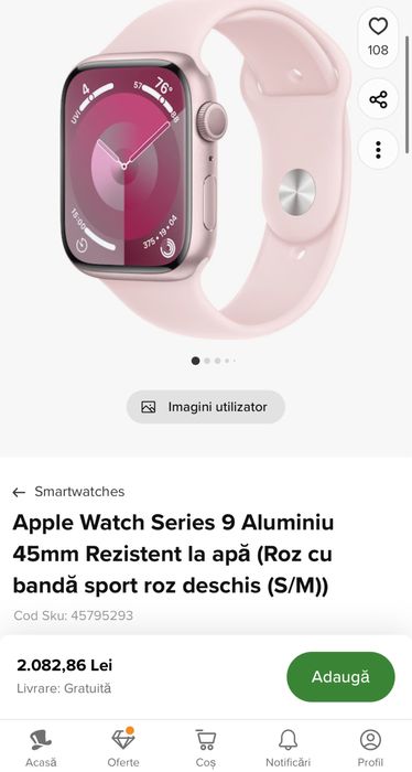 Apple Watch 9, Carcasa Pink Aluminium 41mm, sigilat, Transport ZERO
