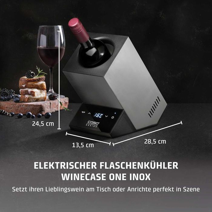 Охладител за вино CASO WineCase One Inox Design за една бутилка, температурен диапазон от 5-18°C, за бутилки с диаметър до 9 см, сензорно управление