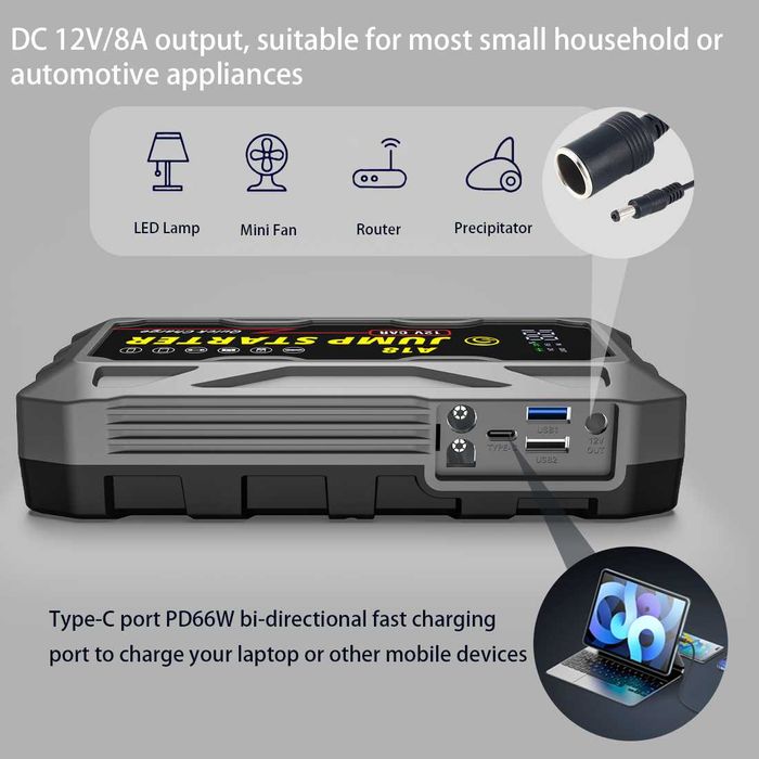 Преносим стартер за кола с QC3.0 и водоустойчивост IP66