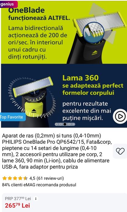 Aparat philips One Blade(ras,tuns,contur)față&corp