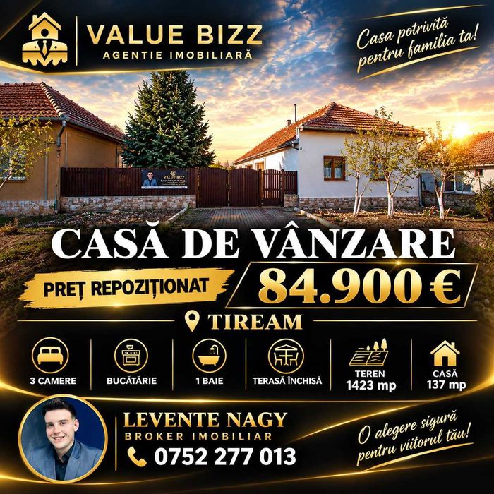 AGENȚIA IMOBILIARĂ VALUE BIZZ vă propune spre vânzare o proprietate deosebită, situată în localitatea Tiream