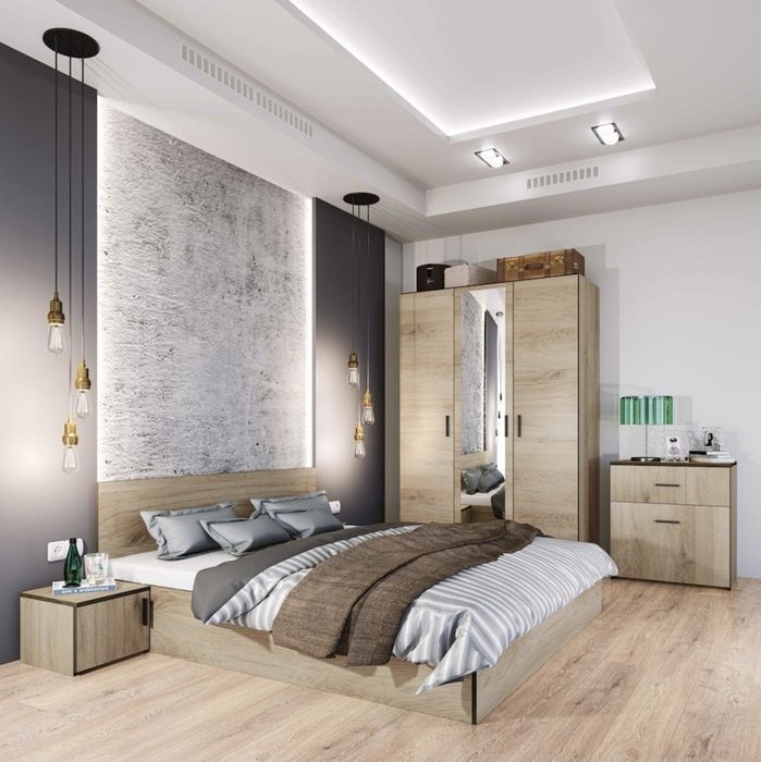 Vând mobila dormitor Set Mobila Dormitor Irim Treff II , Pat 160x200 cm, Dulap 3usi, 2 Noptiere, Comoda,