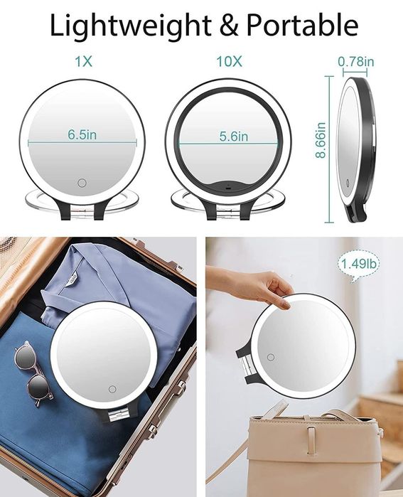 Oglinda cosmetica cu doua fete, 1x / 10x și 3 moduri iluminare