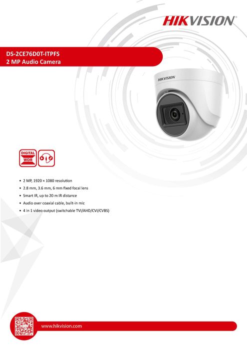 Бебефон FULL HD DS-2CE76D0T-ITPFS 5в1 Водоустойчива Камера Hikvision Вграден Аудио Микрофон 2MP -40° HD-TVI AHD HD-CVI CVBS бутон Видеопревключвател