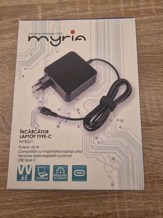 Incarcator laptop smartphone telefon MYRIA MY8321 65W fast charge cablu 1,7m sigilat garantie