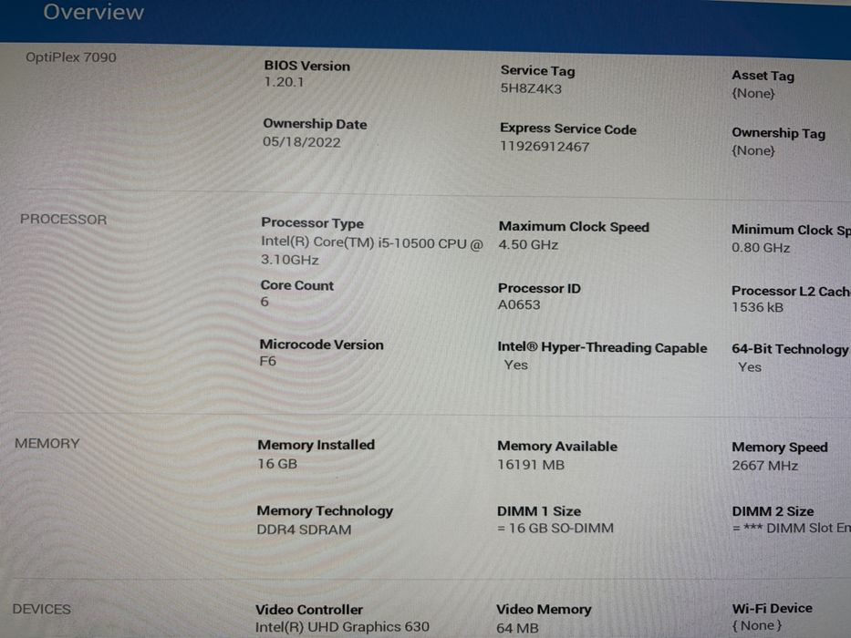 Calculator Dell 7090 Micro  i5 10500 / 16 Gb ram / 256 gb ssd , win 11